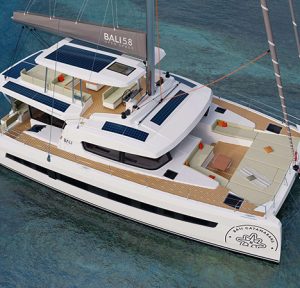 Side profile of New Horizons 4 Bali 58 catamaran anchored in clear Greek waters