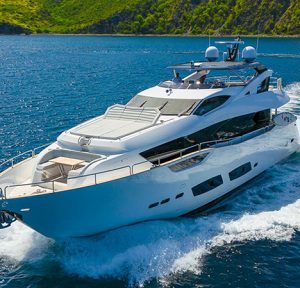 Accidental Success II Sunseeker yacht cruising in open water with bow lounge visible