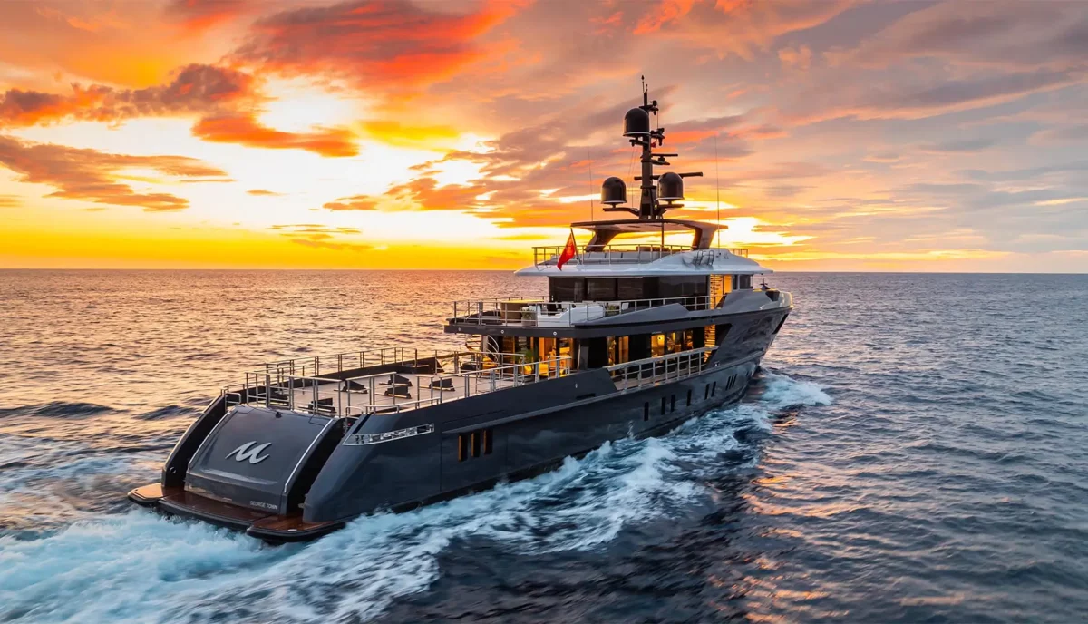 motor yacht underway at sunset with glowing sky