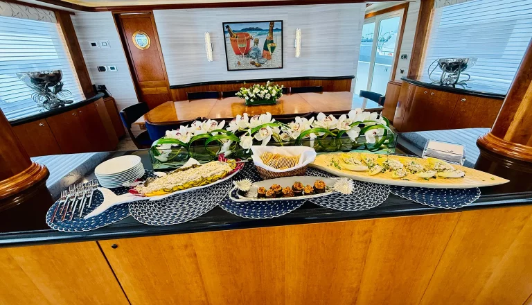 Yacht interior buffet with elegant floral decor