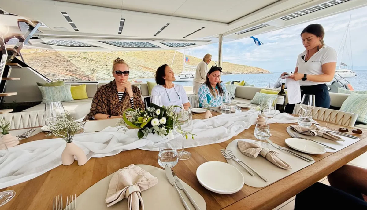 Guests enjoying lunch aboard Ad Astra FP 80 catamaran