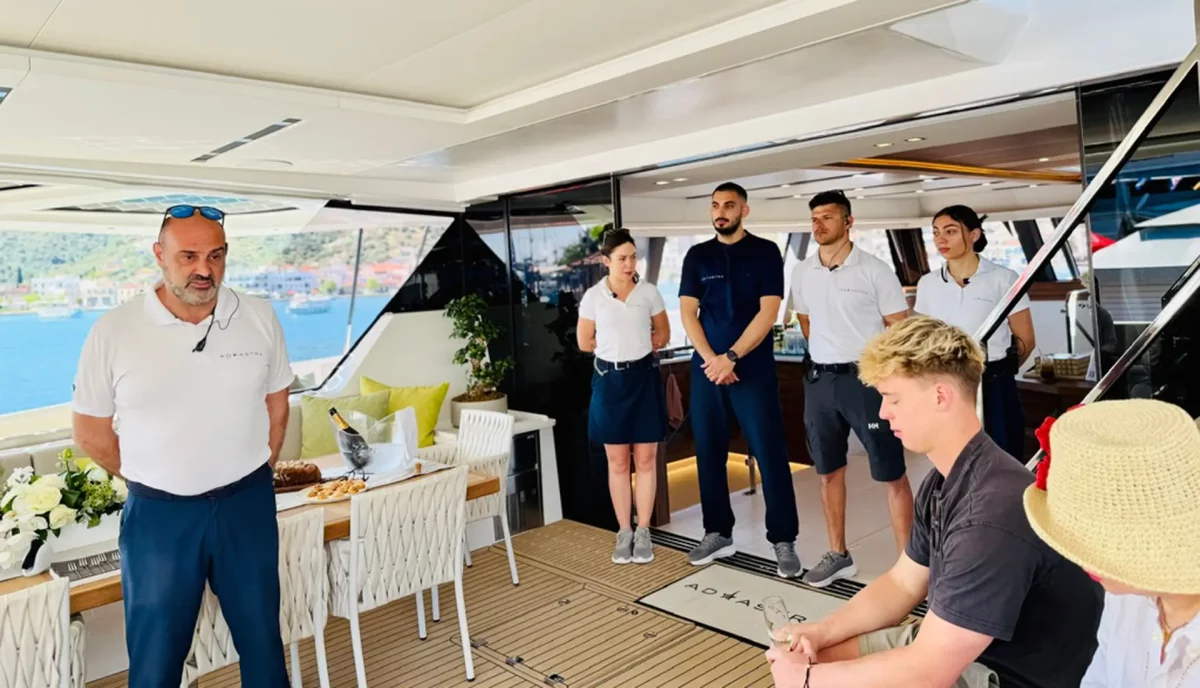 Captain George and crew of Ad Astra FP 80 during the welcome briefing
