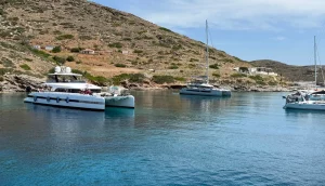 Catamarans anchored in Double Bay, Kythnos